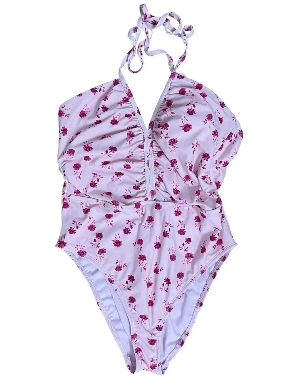 Womens One Piece Swimsuit Floral Halter Ruched Pink Purple Medium M